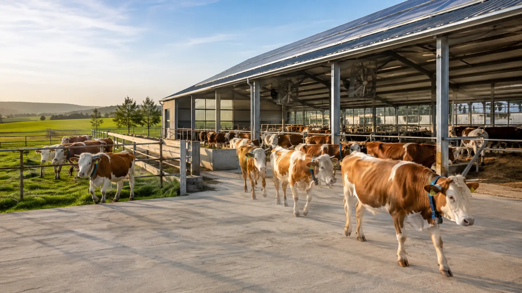 Cireadă de vaci Bălțată românească ieșind dintr-un grajd deschis de bovine, în lumina dimineții, cu pășunea și dealurile în fundal